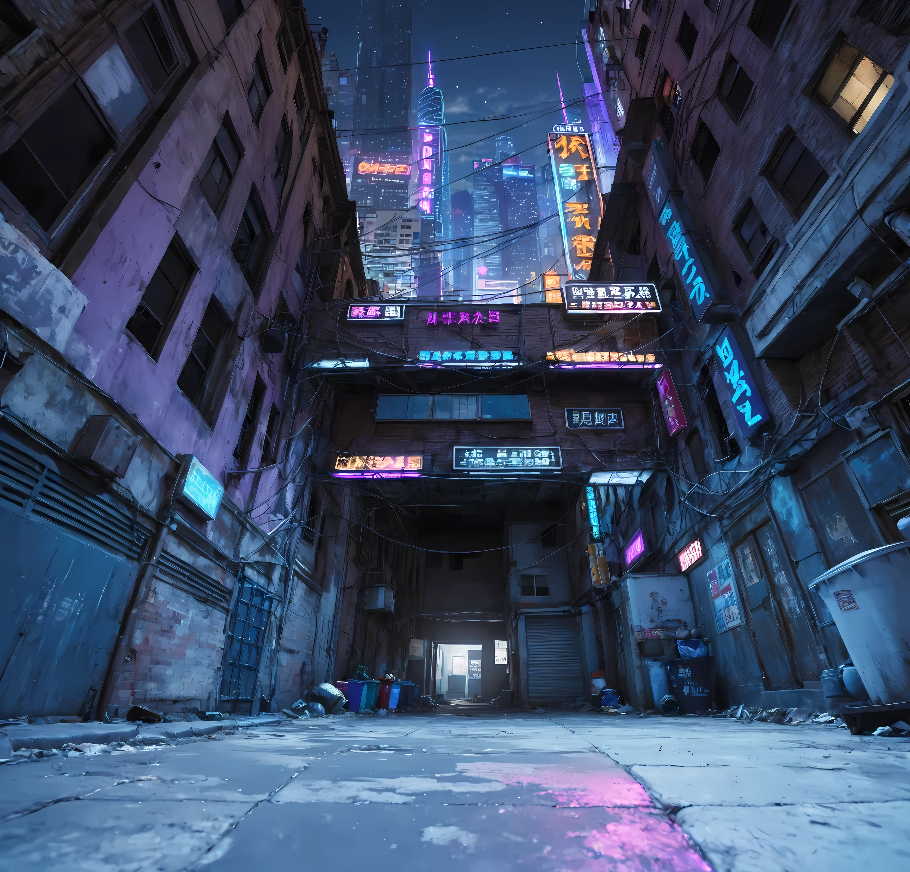 Looking up, the camera is close to the ground, cyber style, cyber night, alley with neon lights at night, low-lying ground, realistic ground texture, complete ground, abandoned low buildings on both sides of the picture, dilapidated low buildings, pipes and wires outside the buildings, trash cans near the wall, silhouettes of skyscrapers can be seen in the sky in the distance, neon signs are hung between the two buildings, the signs emit blue and purple lights, two steel frames connect the two buildings, UE5 rendering, 3D rendering, 3D model, cartoon style