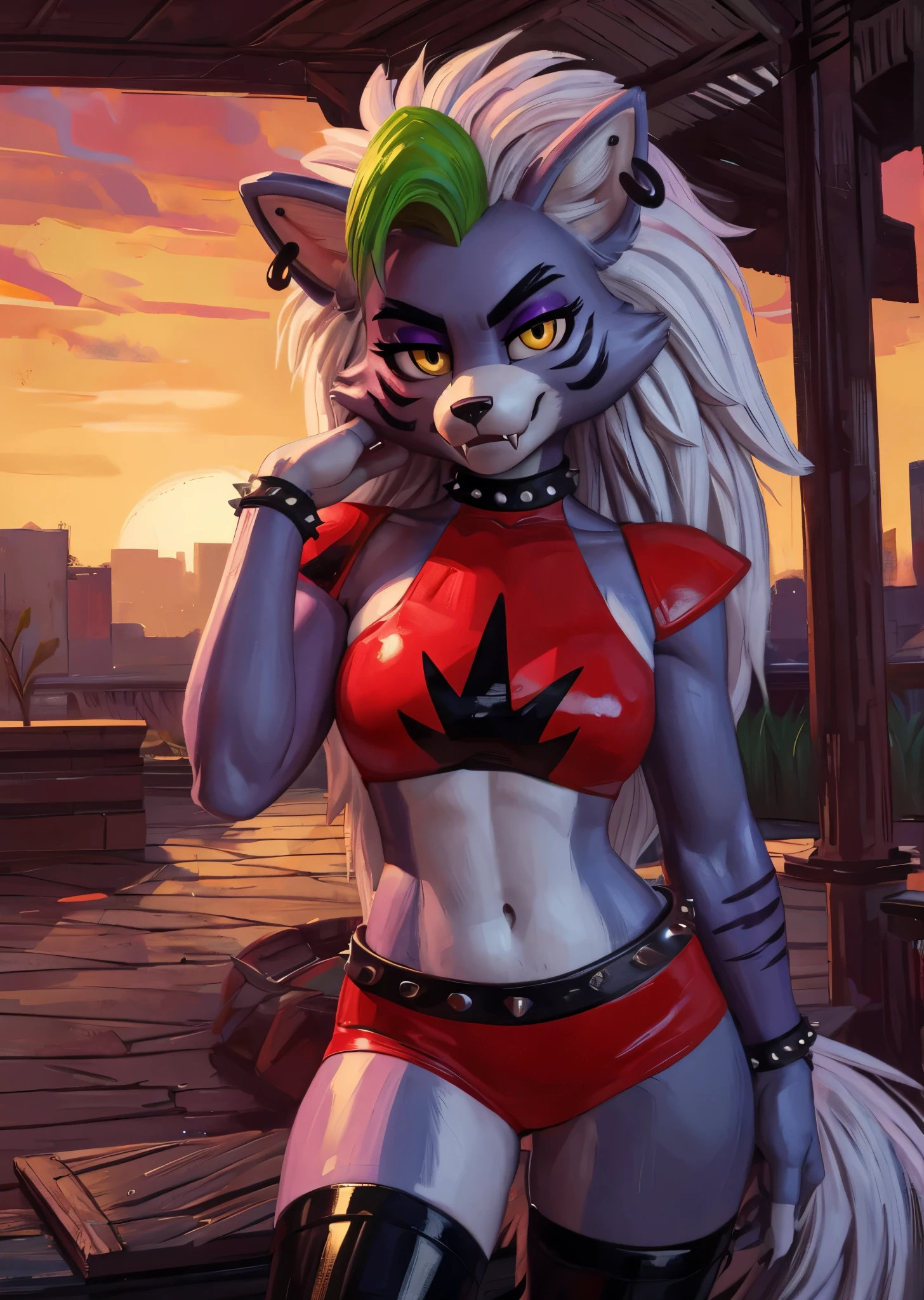 [Roxanne Wolf], [FNAF: fury's rage], [Uploaded to e621.net; (Pixelsketcher), (wamudraws)], ((masterpiece)), ((HD)), ((high resolution)), ((solo portrait)), ((waist up)), ((front view)), ((detailed fur)), ((detailed shading)), ((detailed shadows)), ((beautiful rendered art)), {(toned figure), (grey fur), (white belly), (cute yellow eyes), (black pupils), (purple eyeshadow), (half lidded eyes), (long white messy hair), (green highlighted bang), (curvy hips), (beautiful legs), (annoyed), (sharp fangs)}, {(red sleeveless turtleneck crop top), (navel), (black jean shorts), (black thighhighs), (spike choker), (gold earring on right ear)}, {(standing), (hand on face), (looking at viewer)}, [ambient lighting, road, sunset]