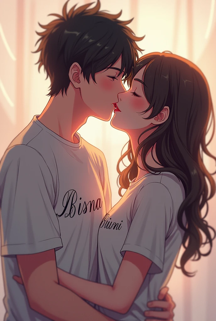 A teenager girl and a teenager boy are kissing such that "MARBLE" is written on the girl's tshirt and "AYUSH" on the boy's tshirt and the boy is touching the girl's chest 