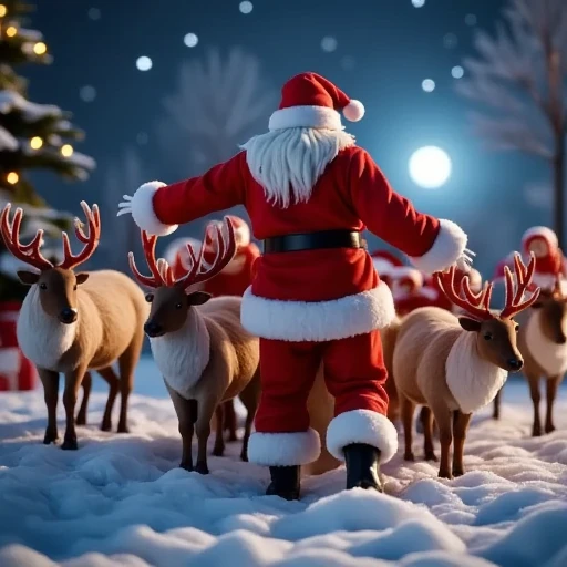 A photorealistic image of Santa Claus, seen from behind, loading his sleigh with gifts, accompanied by several ren dressed in red hoods and Christmas outfits. The ren are assisting Santa by loading the sleigh, and the scene is set in a starry night, illuminated by moonlight. The sleigh is filled with gifts, and the reindeer are in the foreground. The lighting is soft and natural, highlighting the details of the sleigh, reindeer, and ren's clothing. The composition frames Santa and the ren in the center, capturing their teamwork and the festive atmosphere, with the starry night adding to the sense of wonder and enchantment. The dynamic lighting enhances the magical and captivating atmosphere of the image.