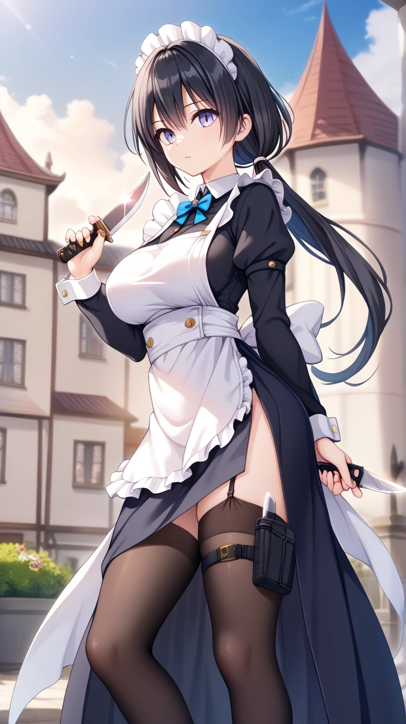  Masterpiece, One Assassin, Maid Chief ,　Short sword in hand :1.5 ,(( navy blue fabric accented with white fabric on the collar and hem, making it plain and less revealing:1.4)),(( tight long skirt with slits :1.4)), Long Sleeve ,White salon apron ,(( black garter belt and black knee-high tights:1.2)),Height: 170cm, beautiful body line ,Big Breasts,(( black hair, low ponytail:1.4)),, Beautiful, and Cool Faced Woman with Light Purple Eyes, beautiful model standing, viewed from oblique front,((Knife inserted into a leg holster visible through a slit:1.4))