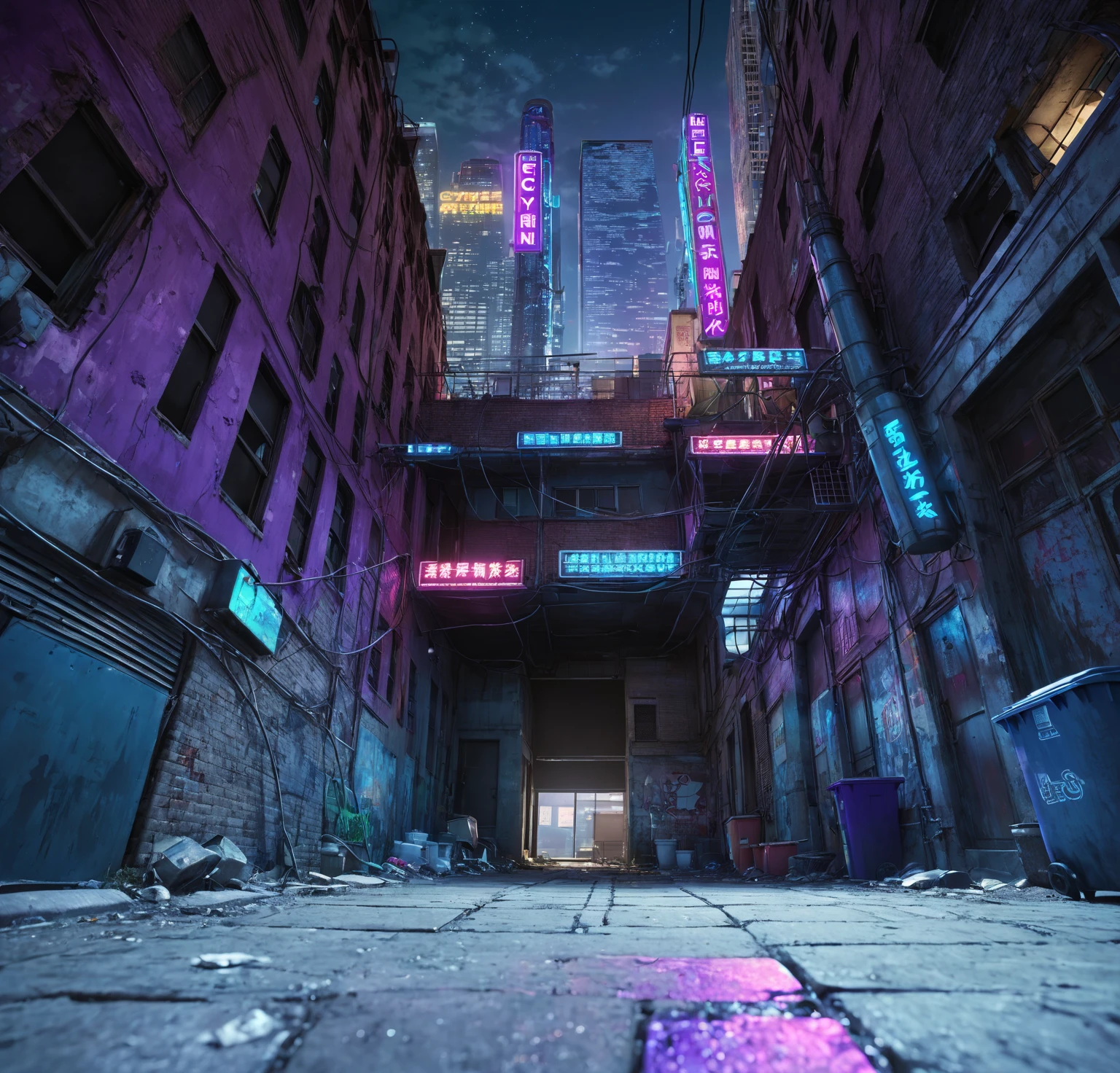 Looking up, the camera is close to the ground, cyber style, cyber night, alley with neon lights at night, low-lying ground, realistic ground texture, complete ground, abandoned low buildings on both sides of the picture, dilapidated low buildings, pipes and wires outside the buildings, trash cans near the wall, silhouettes of skyscrapers can be seen in the sky in the distance, neon signs are hung between the two buildings, the signs emit blue and purple lights, two steel frames connect the two buildings, UE5 rendering, 3D rendering, 3D model, cartoon style