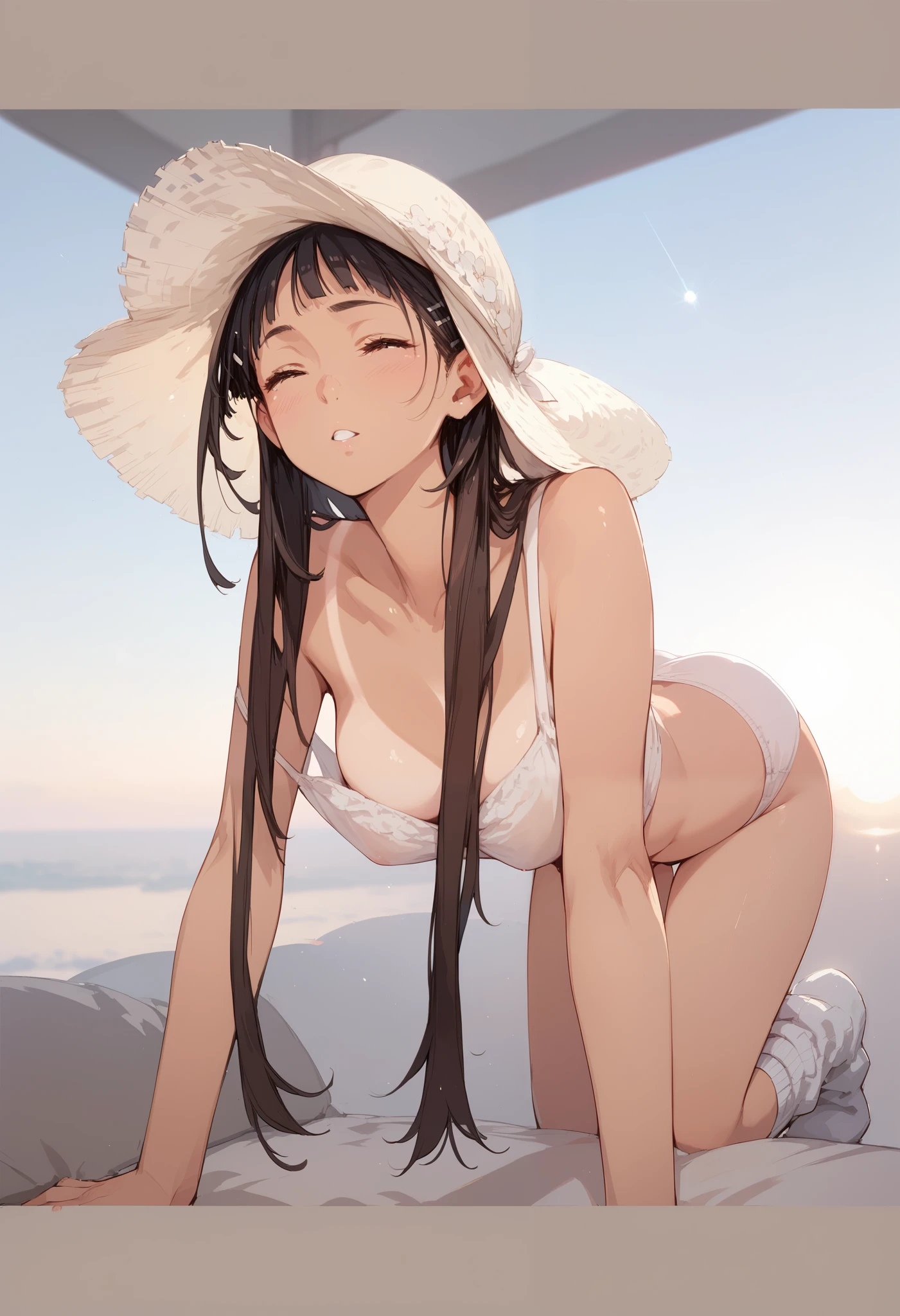 pt,suguha, completely naked and wearing only loose socks and underwear, pure white background,Girl standing facing the front，A girl wearing underwear with a shiny, flashy design ,（ top quality，8k）,Girl Standing Facing Front with Clear Colored Hair ,Ribbon tie，Gal JK，Healthy Body， plain background, back view, sun tan, brown body, super sun tan