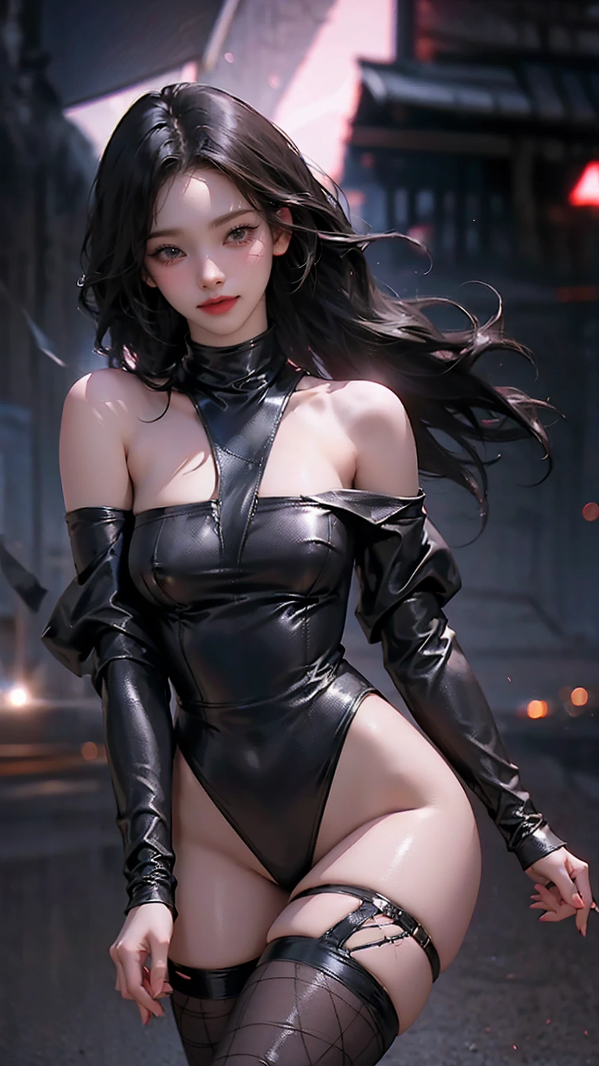 (((nsfw0.7))),((( top quality, 8k,  Masterpiece ))),  sharp concentration, ( beautiful woman with perfect figure), thin, ( hairstyles at their best: Excellent)), ((夜の裏street)), street: 1.2 Highly detailed face and skin texture Detailed eyes  double eyelids  random pose, (smile),  realistic face,  double eyelids ,smile,Summer Festival , At sunset , Beautiful Teeth , thigh straps, Wearing a leather jacket 、 off shoulder sweater、 Grey Vertical Ribbed Sweater Dress、  fishnet tights  、 Garter Belt 、amazing black sexy underwear 、 night view