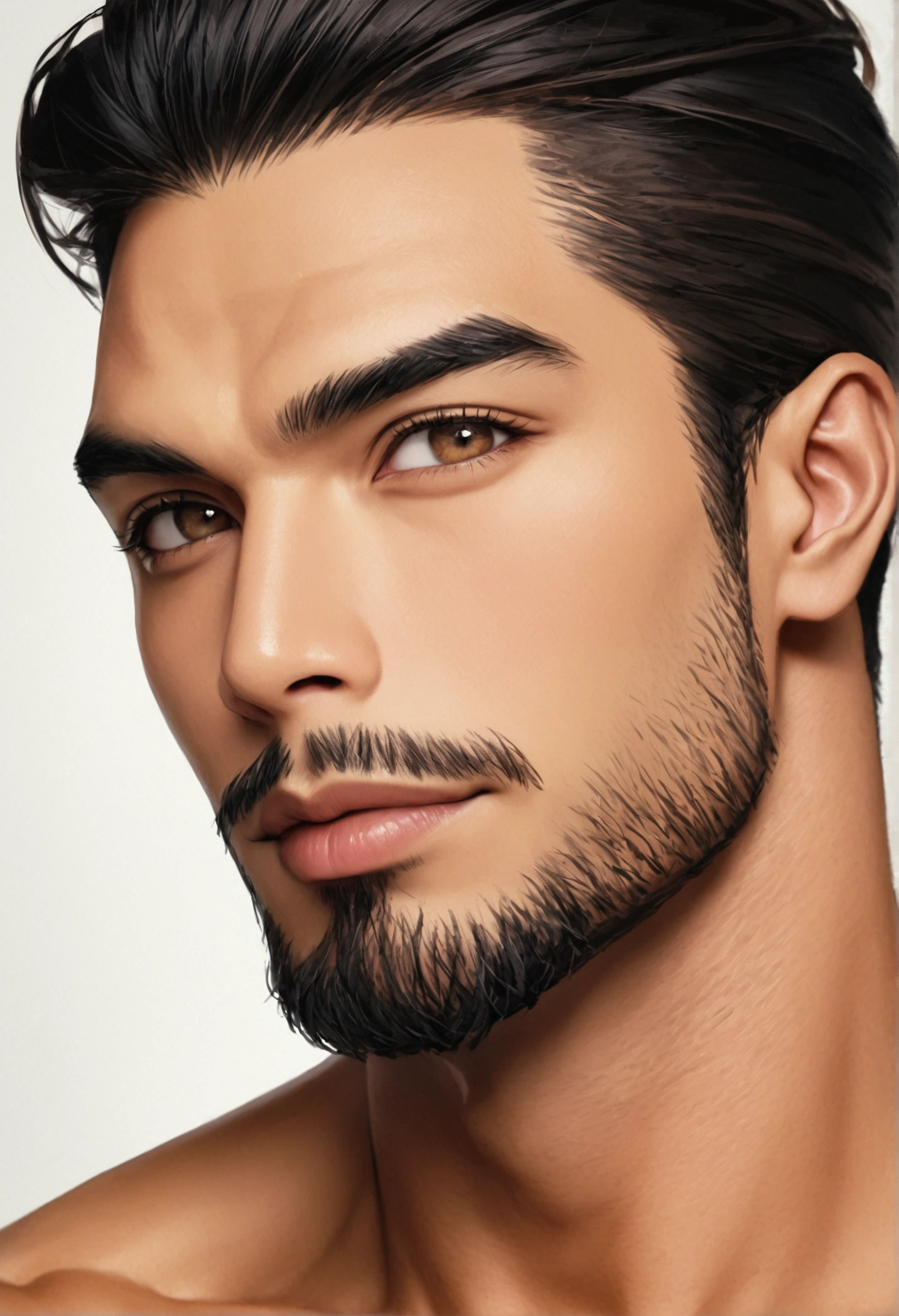 A potrait of an Asian man in his thirties. His handsome rectangular face is well defined by prominent eyebrows, deepset eyes, double lid, short black hair, classic slick back, prominent nose, neatly groomed beard and thick lips. His brown skin with golden undertone strengths his fit physique accentuating an attractive masculinity. Simple background, natural lighting, natural colors, medium wide shot, grin, looking at viewer