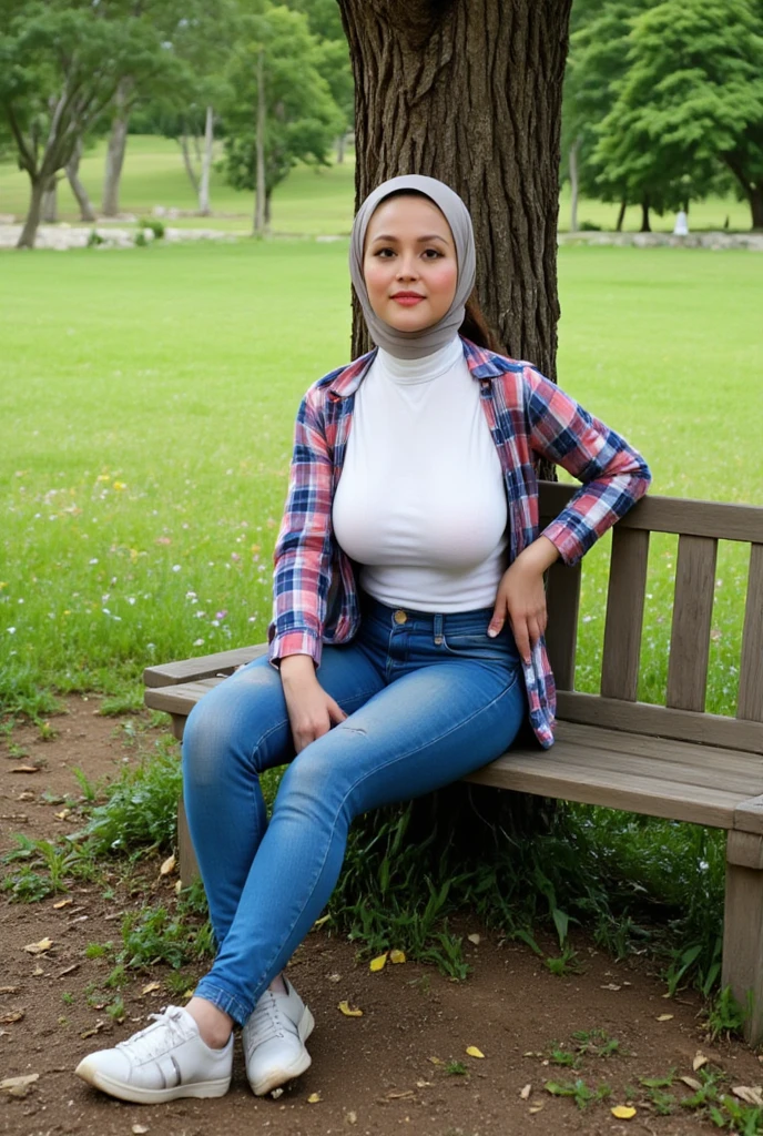 A beautiful indonesian woman, hijab, wearing unbuttones plaid shirt (white tight turtle neck t-shirt) and high waist tight jeans. canvas shoes, sitting on the wooden bench at the meadow with colorful mini flowers under the big tree. look at the viewer,