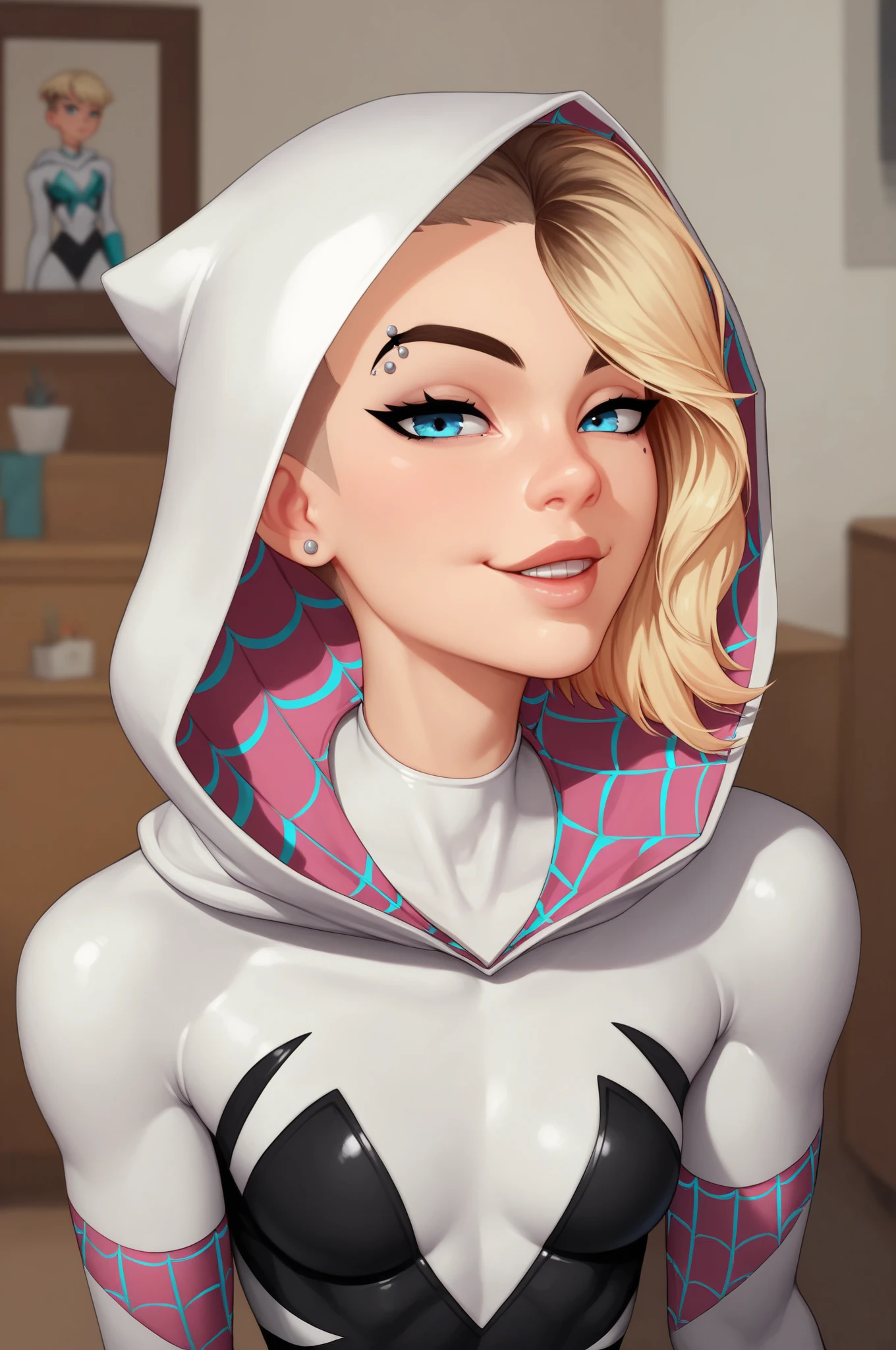 score_9, score_8_up, score_7_up, score_6_up, BREAK, GwenStacySVXL, gwen stacy, (hood down), blue eyes, blonde hair, short hair, undercut, eyebrow piercing, small breasts, superhero, spider web print, white hooded bodysuit, white bodysuit, black bodysuit, multicolored clothes, white elbow gloves, solo, front view, (portrait, upper body), solo focus, seductive smile, looking at viewer, indoors 