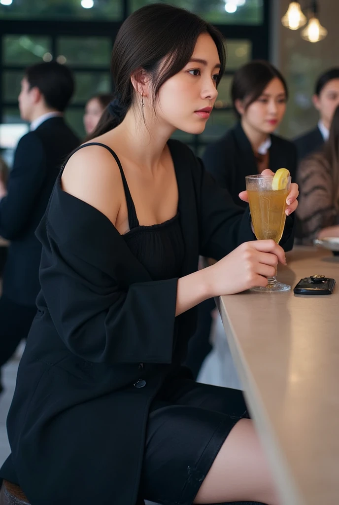 A tall, slender Japanese woman in her twenties, with porcelain-white skin and jet-black hair styled in a side bun, leaning casually against a wall in a moody bar. She’s sipping a drink, wearing a black silk camisole dress, an oversized blazer, and black knee-high stiletto boots. Behind her, the scene is softly blurred, showing various people standing, chatting, and enjoying their drinks. Captured with a full-frame DSLR and a 50mm f/1.8 lens, the shallow depth of field keeps her in sharp focus. The image emphasizes photorealistic textures, capturing the fine details of her skin and every strand of her hair.