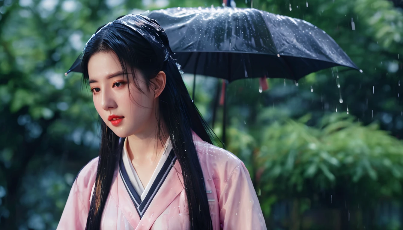 1girl, long black hair,schoolgirl uniform, shy, blush, wet, rain, transparent, (masterpiece, best quality), soft light, cinematic composition, cinematic light