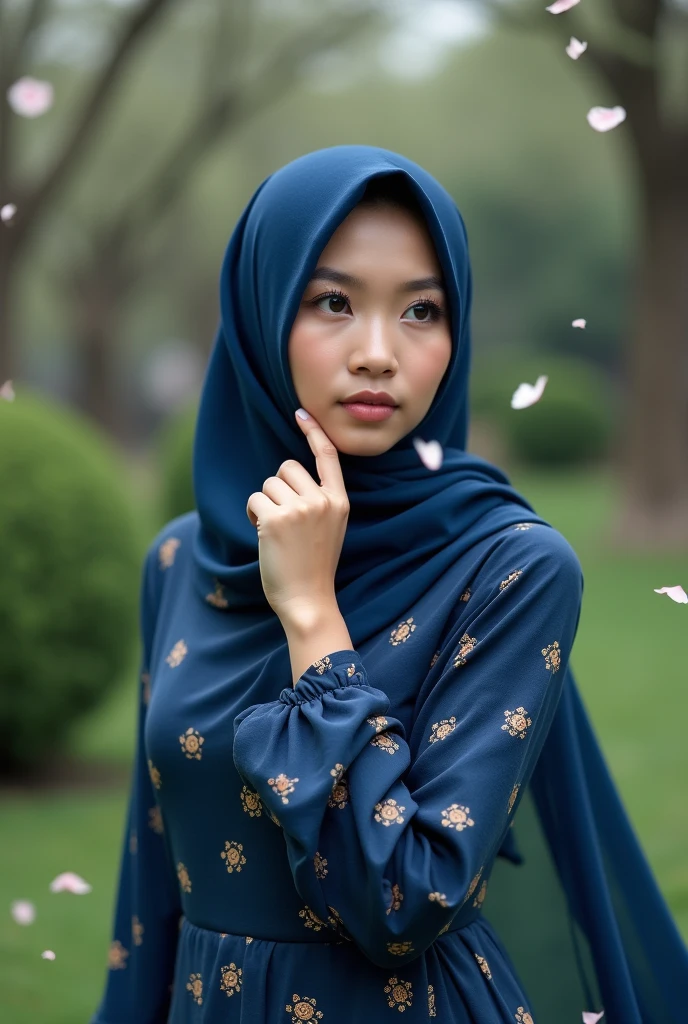 A very beautiful woman in hijab, cute face, facing the viewer wearing a modern trend light blue dress dress, ((full body)), with an outdoor background around which there are green trees with a clear sky
