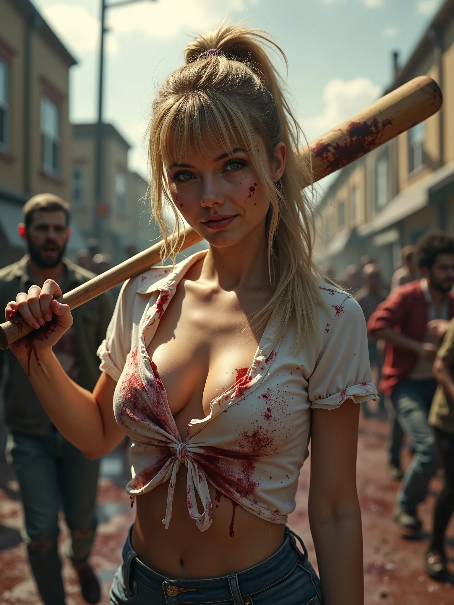 (masterpiece, realistic, 3d, best quality, perfect face, (beautiful and aesthetic:1.4), highest detailed face), (((beautiful 18 years old female survivor)), (dark skin:1.6), (brown eyes:1.2), perfect fit body, (sexy tanned girl:1.4)), (long pale blonde ponytail hair:1.3), (huge breasts, fake breasts), (narrow waist:1.5), thick thighs, (slender body:1.3), (abs)), (cleavage:1.2), (((Catholic school uniform), (red plaid skirt), (white short sleeve blouse), (black tights)), (detailed beautiful eyes), curvy body type, looking at the viewer, ((tattered clothes), torn clothes), (((surrounded by zombies:1.4), attacked by zombies, grabbed by zombies)), (((zombie apocalypse background)), destroyed city, (night:1.4), city ruins), (solo:1.4), (elegant, intricate, digital photography, high quality, 4k, extremely detailed, sharp, HDR),