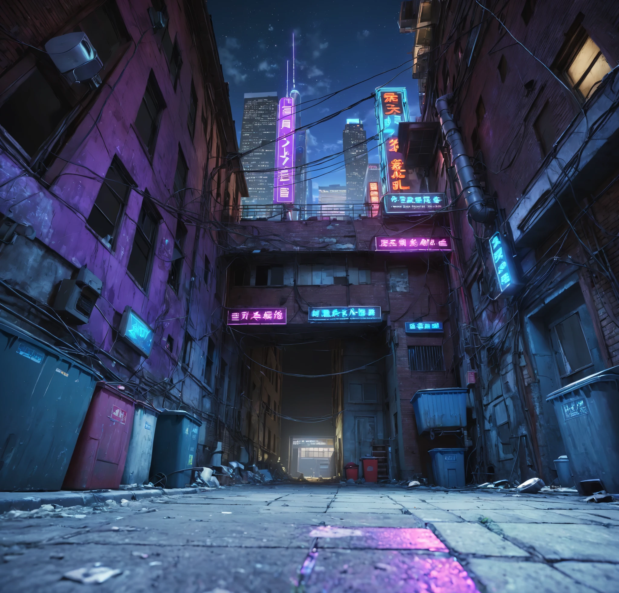 Looking up, the camera is close to the ground, cyber style, cyber night, alley with neon lights at night, low-lying ground, realistic ground texture, complete ground, abandoned low buildings on both sides of the picture, dilapidated low buildings, pipes and wires outside the buildings, trash cans near the wall, silhouettes of skyscrapers can be seen in the sky in the distance, neon signs are hung between the two buildings, the signs emit blue and purple lights, two steel frames connect the two buildings, UE5 rendering, 3D rendering, 3D model, cartoon style