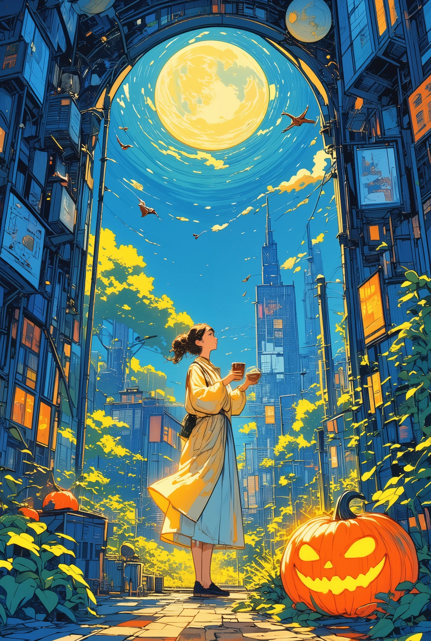 Illustration with nile blue as the main color, Universe, Variety of illustration, City Scenery, Happy Holiday, Vanilla scent, Nation, Jack-o'-Lantern, Holiday illustration, sky blue illustration, egyptian blue illustration, Lots of herbs, Tea, Upper body, beauty painting, Lovely painting, smoke blue illustration, sapphire blue illustration