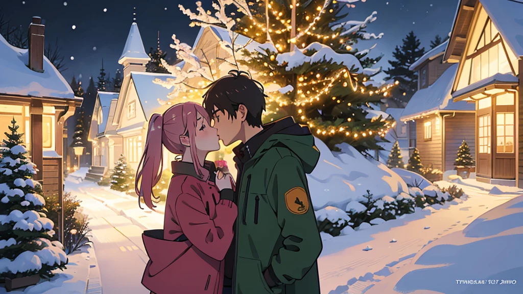 detailed romantic couple kissing under mistletoe, beautiful young girl and boy, warm cozy winter scene, christmas tree, snow, fairy lights, soft lighting, pastel colors, anime art style, studio ghibli, highly detailed, 8k, photorealistic