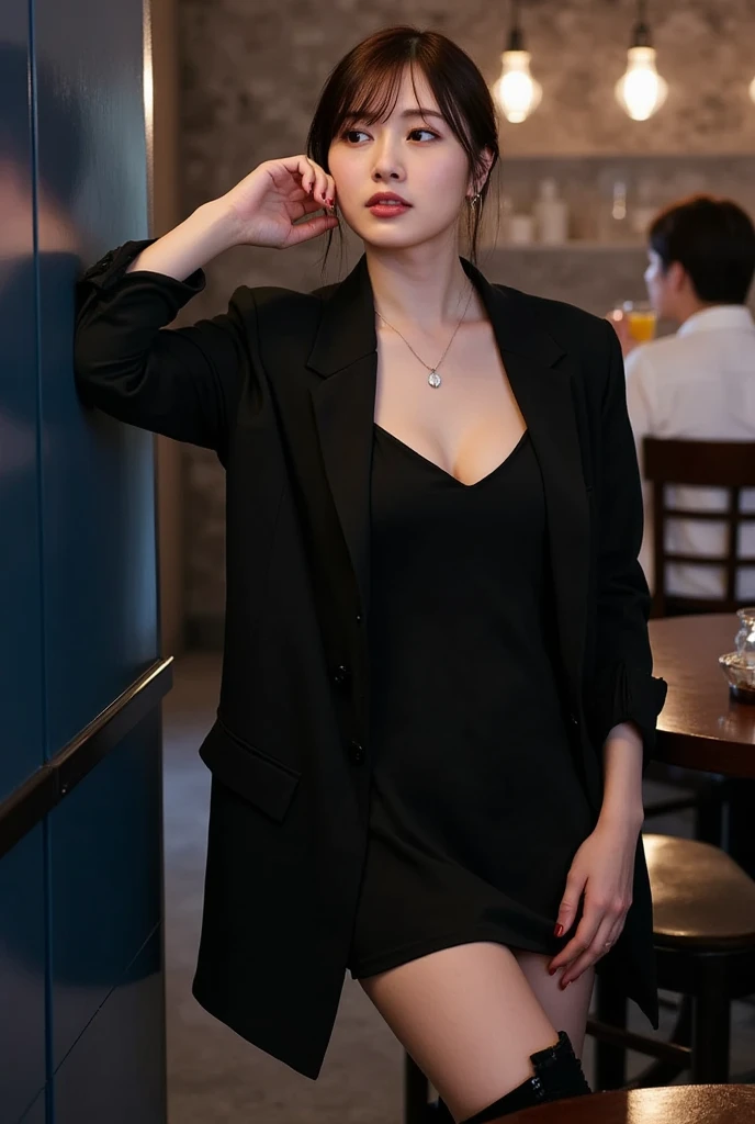 A tall, slender Japanese woman in her twenties, with porcelain-white skin and jet-black hair styled in a side bun, leaning casually against a wall in a moody bar. She’s sipping a drink, wearing a black silk camisole dress, an oversized blazer, and black knee-high stiletto boots. Behind her, the scene is softly blurred, showing various people standing, chatting, and enjoying their drinks. Captured with a full-frame DSLR and a 50mm f/1.8 lens, the shallow depth of field keeps her in sharp focus. The image emphasizes photorealistic textures, capturing the fine details of her skin and every strand of her hair.