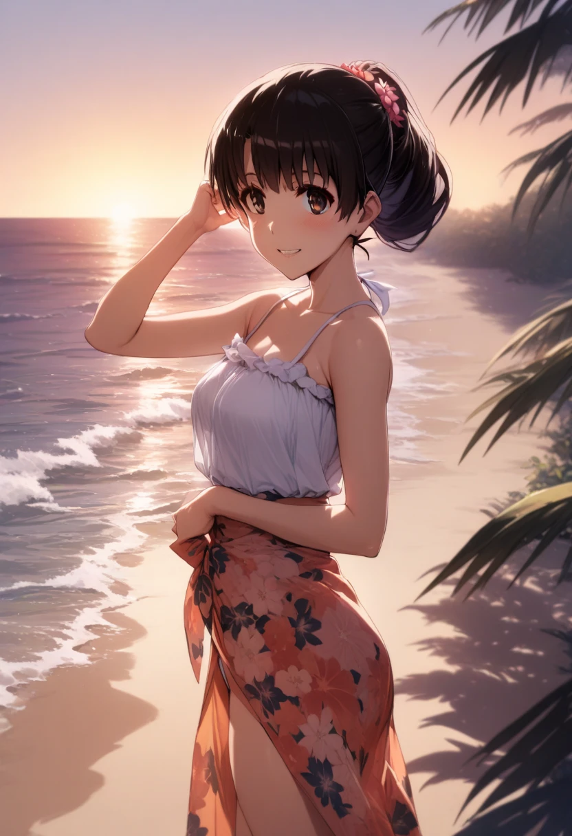 1girl,solo,megumi katou,short black hair,flower hair accessary,flower pattern sarong,beach,put hair up to ear,intimate smile,inviting atmosphere,sunset,natural lighting,soft shadow, masterpiece, best quality,ultra detailed,