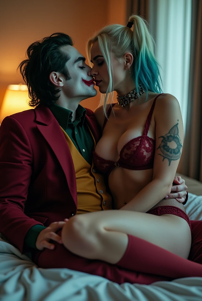 Cinematic image of Harley Quin with colorful hair sitting with her legs wide open on the kitchen counter in a leopard print lace bra and and Joker is standing hugging her and kissing her on the mouth and putting his hand on her leg