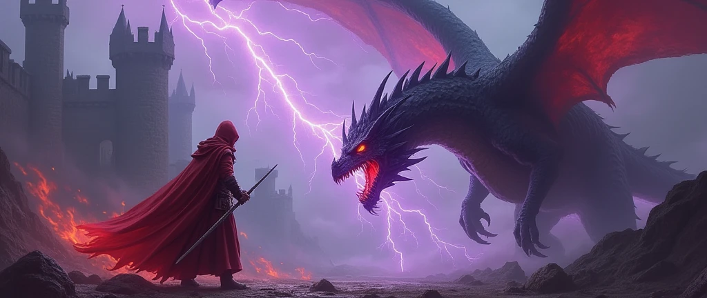 very dark photo, hyper detailed, (red dragon:1.5), majestic, (two heroes, 1Fighter, 1Sorceress:1.4), awesome, inspiring, Capture the battle between the heroes and the colossal dragon, epic battle amidst mist spay and lightening blasts. The forces clash on the craggy seashore. (Lightning flashing from the Sorceress' staff:1.5), cinematic composition, soft shadows, (real skin, textured skin, intricately detailed eyes:1.3), (high saturation:1.2), (high contrast:1.1), (subsurface scattering:0.9), (depth of field:1.2), (by Larry Elmore:1.5)