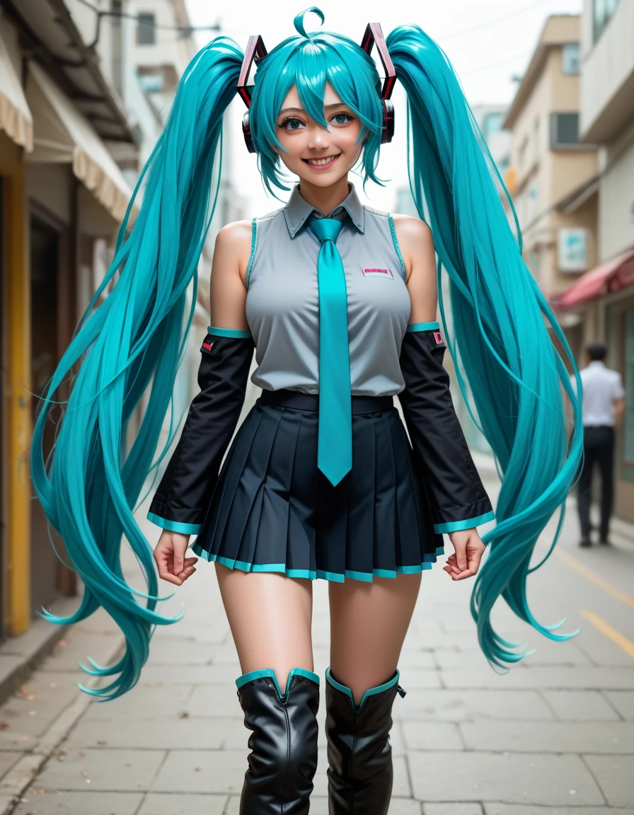 score_9, score_8_up, score_7_up, source_anime,
mikuhatsune, miku hatsune, ahoge, aqua eyes, aqua hair, crossed bangs, hair between eyes, hair ornament, headphones, long hair, twintails, mature female,
aqua necktie, black footwear, black skirt, black sleeves, boots, collared shirt, detached sleeves, grey shirt, necktie, pleated skirt, shirt, skirt, sleeveless, sleeveless shirt, thigh boots, tie clip, standing, smiling 
