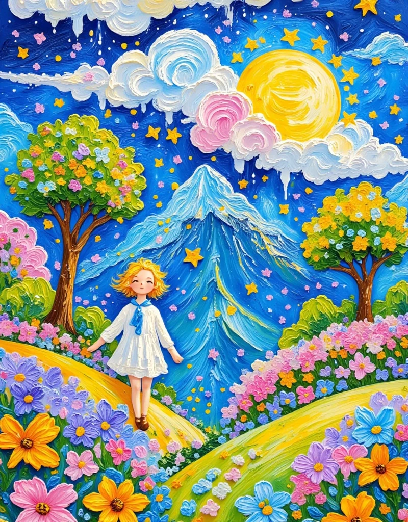 Texture painting，painting，A beautiful elf in the garden. Rainy clouds