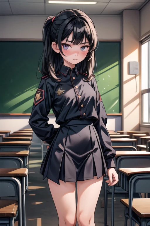 (masterpiece, best quality), 1 girl in uniform, Alone, one girl , beautiful face, black hair, torn clothes, torn legwear , dark school uniform, classroom、 complex details, Place your hands behind your back、 , No Emotion、 looking at camera、Emotionless facial expression、