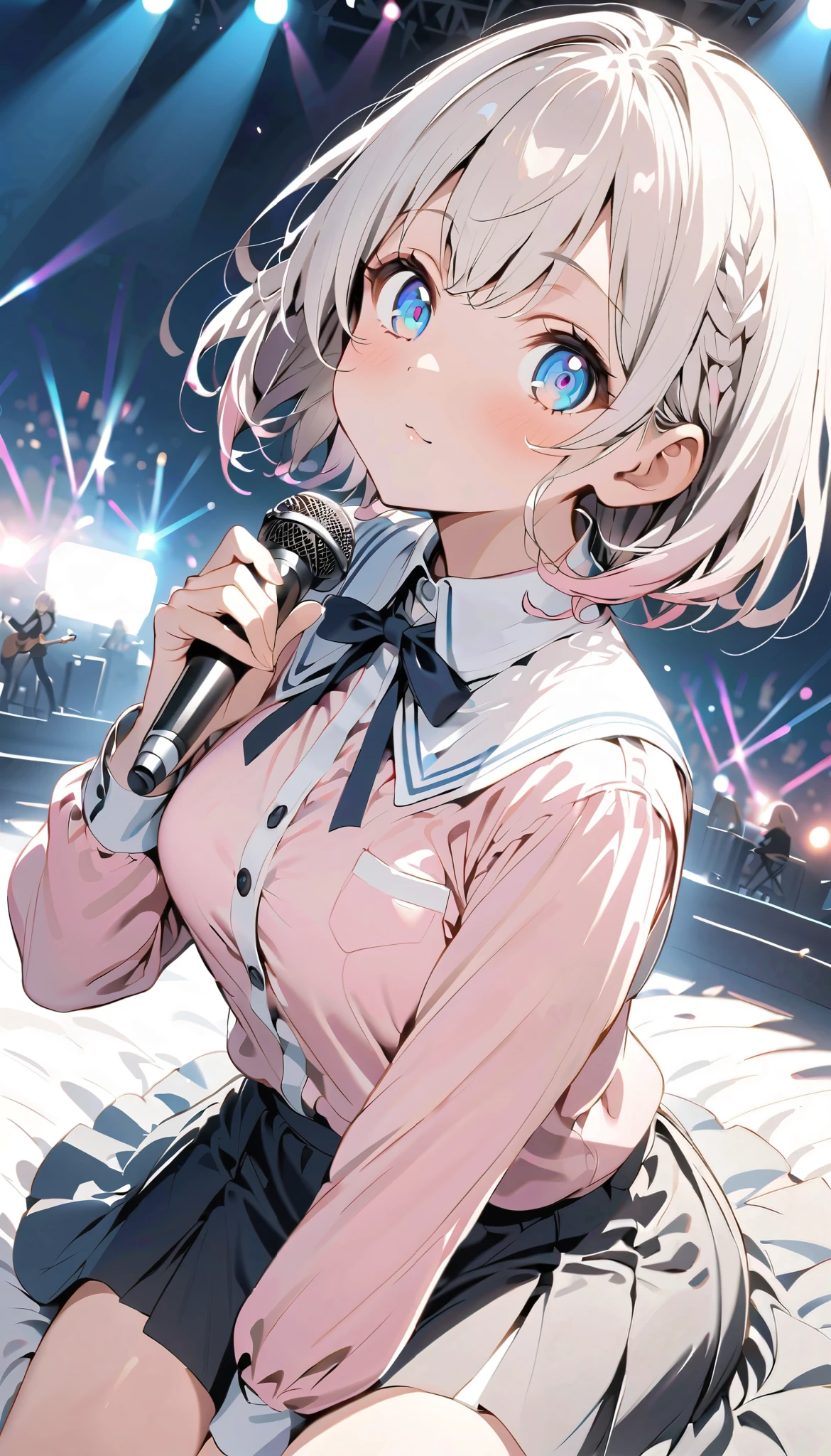  close your eyes and sing 、Offering a hand、 close your eyes and sing 、microphone、{{{masterpiece}}}, {{{best quality}}}, {{ultra-detailed}}, {beautiful detailed eyes}, 1girl, Alone, ((white hair)),(bangs),   angle from above、 looks up,girl ,aesthetic,eyes、 Dynamic Angles 、White Hair、Pink hair tips、solo、 short hair、白い short hair、 songs、Idol、 short hair、 short hair 、 bob hair、 stageに立ち songs、白く short hair 、Pink hair with pink tips 、 short hairー、 long sleeve pink shirt with white collar、 pretty girl、Detailed eyes、anime、 Shirogane Noel、anime塗り、 odd-eye、 blue eyes、 stage、 black skirt、 adult older sister opening legs 、 simple background、,solo、 1 girl、e artstyle 、Light streaming in、Beautiful Shadows、solo、Singer、microphone
