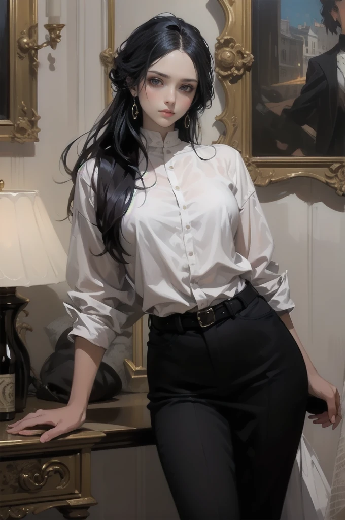 A woman,1girl, long black hair, purple gray eyes, emotionless,slim, sexy, with thin muscles that are not too rough, perfect curves.Elegant, luxurious but sophisticated style, suit ,dynamic pose,modern background.oil painting,painting in large arrays of colors,stable colors,good coordination,no color conflicts, dynamic light,anime artstyle.look at viewer, half body