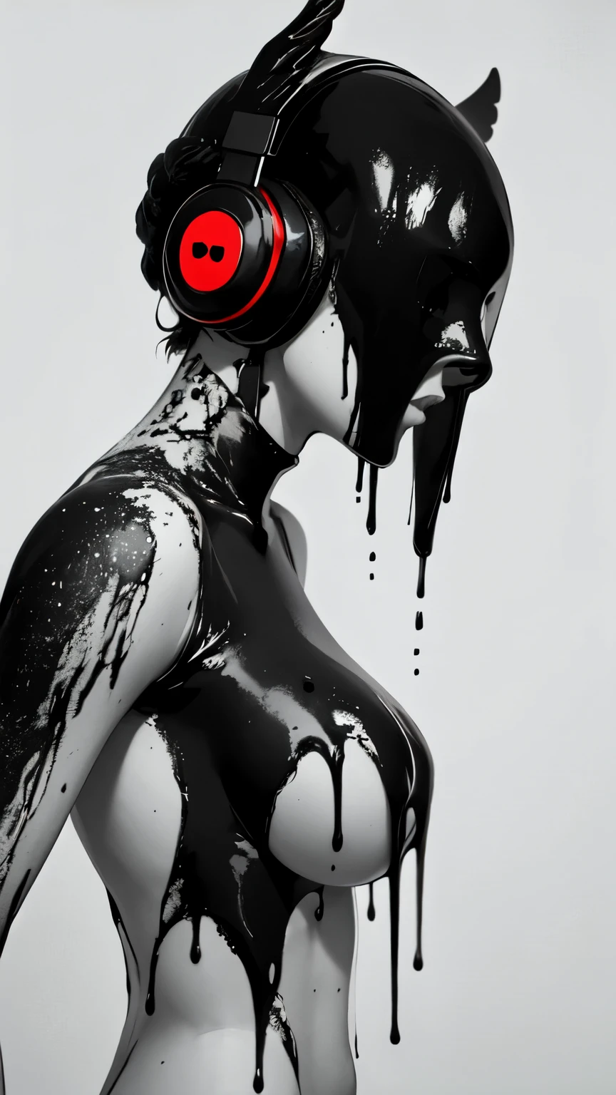 bs, solo, simple background, monochrome, upper body, greyscale, bodysuit, black background, 1other, monster, arms at sides, horror (theme), abstract, ,dark angel ,big breasts, nurse outfit, wearing a black hood, anime, music, headphones