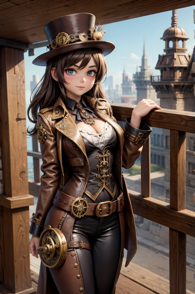 Best quality, Steampunk style, A girl with steampunk style, wearing bodysuits, holding decorative hand-gun, smiling,  a beautiful girl with perfect hand, In front of a large mechanical Victorian megalopolis spread out, the megalopolis is anachronic style where airships are flying