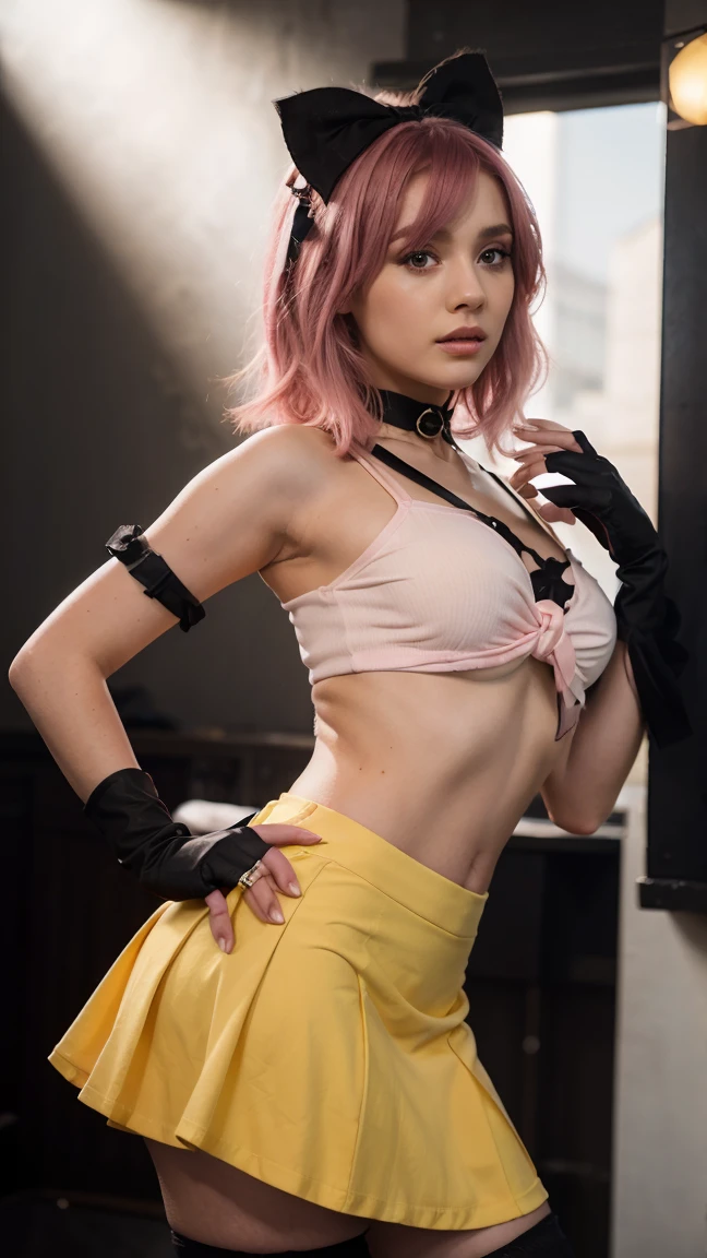 (masterpiece), (best quality), 8k resolution, 1girl, Haruno sakura ,in anime (Naruto) , realistic ,Higt photos HDR ,beautiful girl, stunning beauty, mature female, 30yo, perfect body, nightgown, belly waist chain, smile, indoor, pink short hair