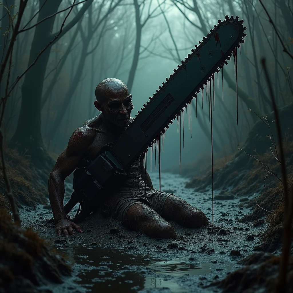 Image with colors, at a forest, with a gray-skinned zombie full of scars and bruises, with black hair, bright white eyes, with large, dark circles, wearing shoehorn clothing made from leather and tree leaves
