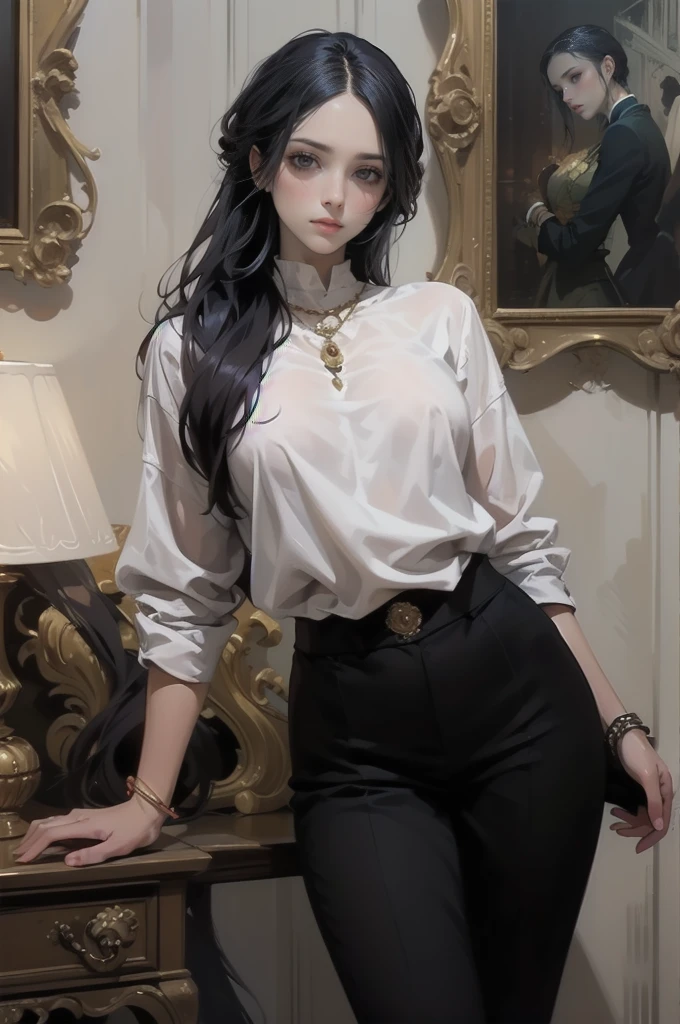 A woman,1girl, long black hair, purple gray eyes, emotionless,slim, sexy, with thin muscles that are not too rough, perfect curves.Elegant, luxurious but sophisticated style, suit ,dynamic pose,modern background.oil painting,painting in large arrays of colors,stable colors,good coordination,no color conflicts, dynamic light,anime artstyle.look at viewer, half body