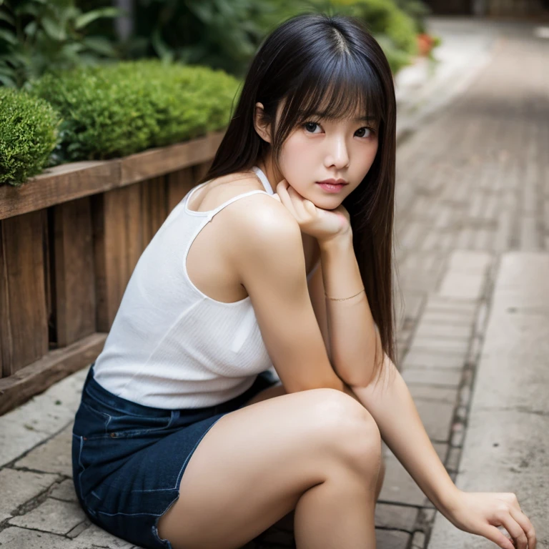 ((best quality)), ((masterpiece)), (detailed), Perfect face(8k,Best quality,masterpiece:1.2),(Realistically,Realistically,Photo-realistic:1.37),1 girl,Super detailed,Beautiful and delicate eyes,Beautiful nose details,White T-shirt,Ruffled shoulders,Bare shoulders,Full body image,Attractions,((sit on the chair)),roof,railing,Small town,tower,telephone pole,plant,Front camera,night,night,dark clouds,Sunset,White skin,(spread legs:1.5),Perfect legs,High heel,(((knitwear)))