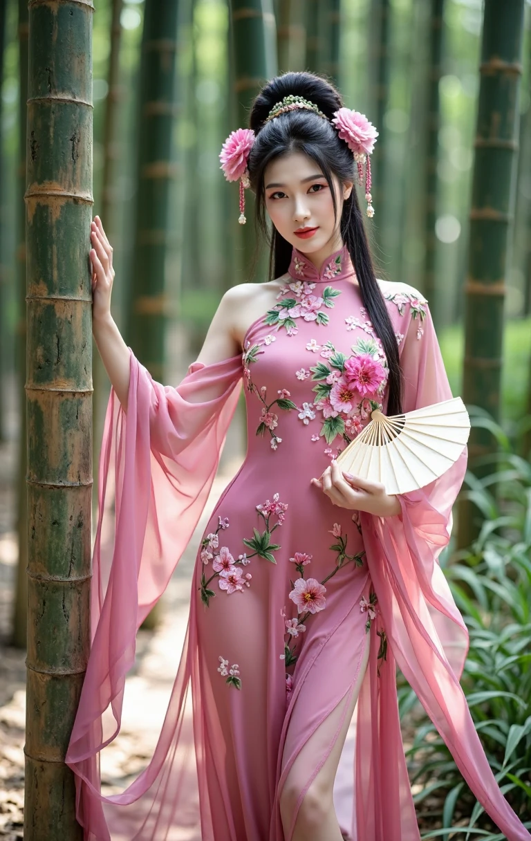 (belle fille en fleur), (chinoise), (robe transparente), (visage parfait), (proportion parfaite), (nue) nipples.