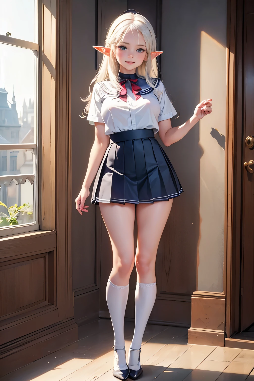 Masterpiece, Best quality, Photorealistic, 1girll, Smile, teeth, Flat bangs, stunning innocent symmetry face, school uniform, Black eyes, Emotional, ulzzangs, (PureErosFace_V1:0.7)，Panties exposed，The bra is exposed，with thin legs，Leg to knee，white legwear，white color hair