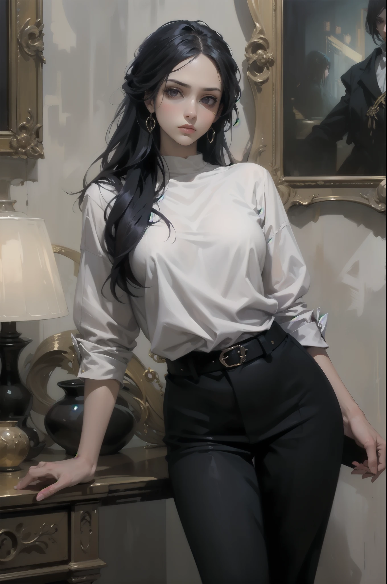 A woman,1girl, long black hair, purple gray eyes, emotionless,slim, sexy, with thin muscles that are not too rough, perfect curves.Elegant, luxurious but sophisticated style, suit ,dynamic pose,modern background.oil painting,painting in large arrays of colors,stable colors,good coordination,no color conflicts, dynamic light,anime artstyle.look at viewer, half body