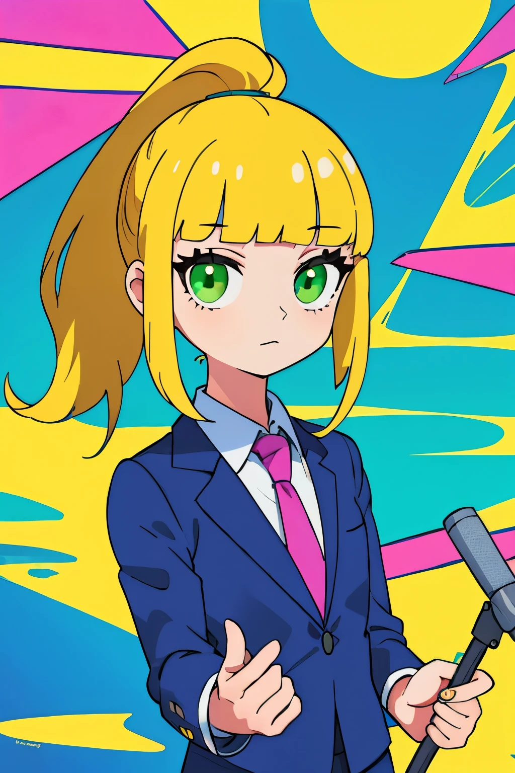 Blonde, ponytail, Blunt bangs, green Eyes, Yellow eyelashes, Beautiful Girls in Anime, Clean small surfaces, 1 cute girl, Adult Gal、improve, 23 years old, (masterpiece,  top quality:1.2), ( flat color:1.2),(2D:1.3),(Fluorescent color, colorful :1.2),announcer clothes ,  newscaster,  watches viewers, Suit and skirt,  beautiful face,Kind Face,Alone, upper body,floating water,vivid color
