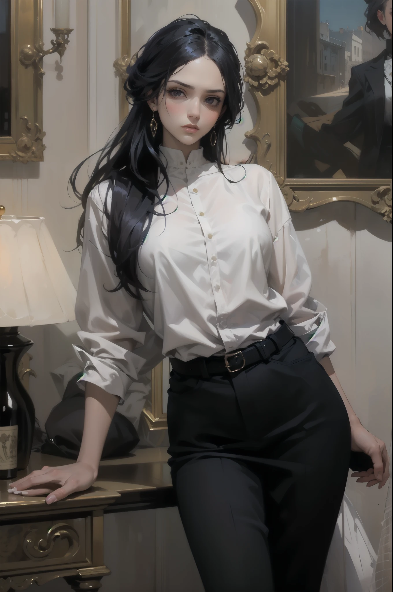 A woman,1girl, long black hair, purple gray eyes, emotionless,slim, sexy, with thin muscles that are not too rough, perfect curves.Elegant, luxurious but sophisticated style, suit ,dynamic pose,modern background.oil painting,painting in large arrays of colors,stable colors,good coordination,no color conflicts, dynamic light,anime artstyle.look at viewer, half body