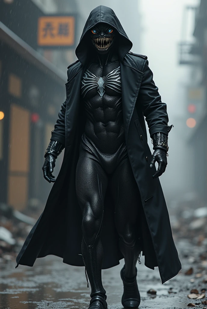  Creates a black-skinned person fused with a symbiote  (marvel),  but instead of the monstrous figure that looks like a ninja, wearing a symbiote hooded trench coat  ( and with the symbol of the symbiote dragon ),  a mask that resembles the mouth of the symbiote ,  symbiote combat pants and boots   