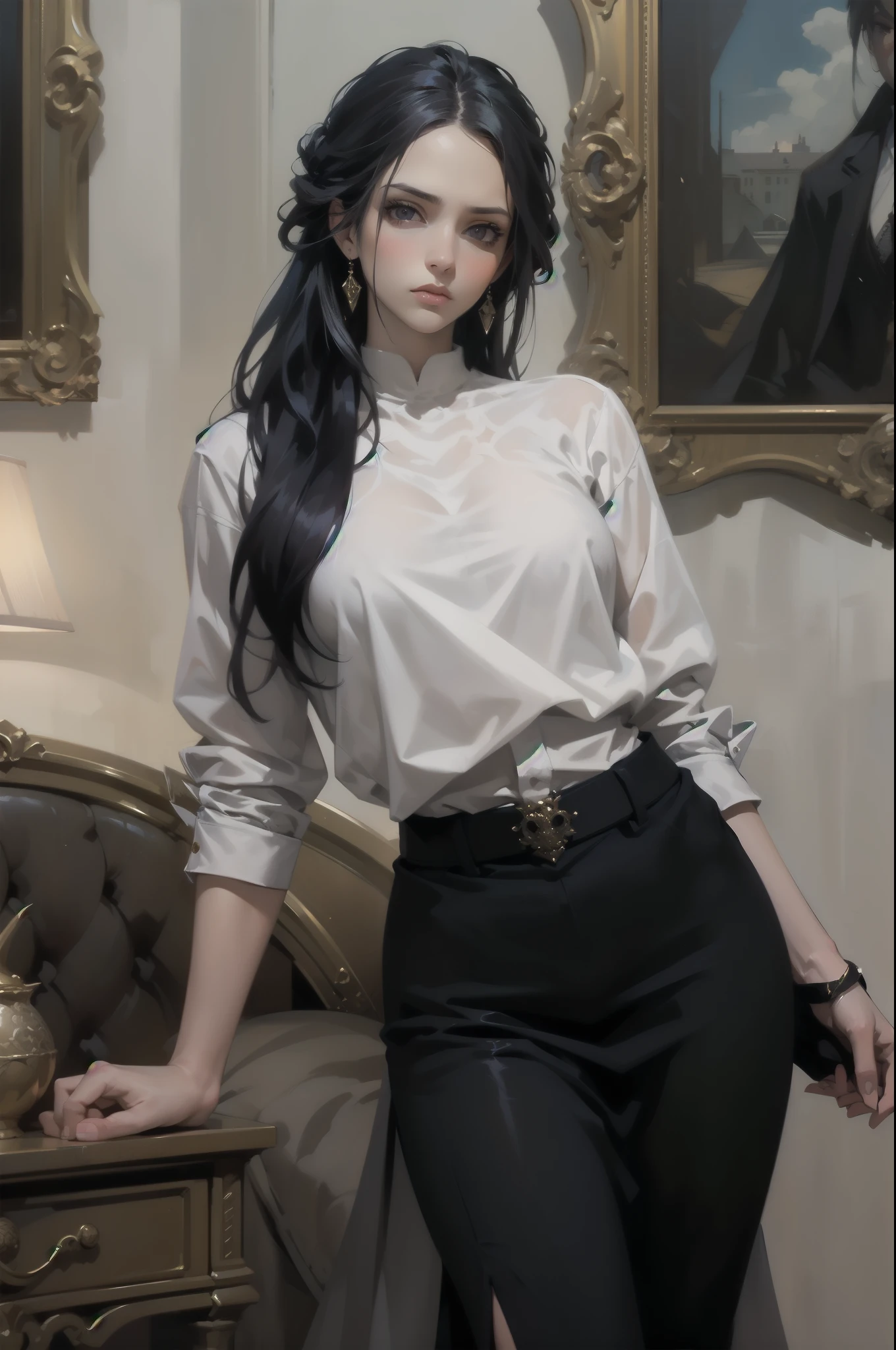 A woman,1girl, long black hair, purple gray eyes, emotionless,slim, sexy, with thin muscles that are not too rough, perfect curves.Elegant, luxurious but sophisticated style, suit ,dynamic pose,modern background.oil painting,painting in large arrays of colors,stable colors,good coordination,no color conflicts, dynamic light,anime artstyle.look at viewer, half body