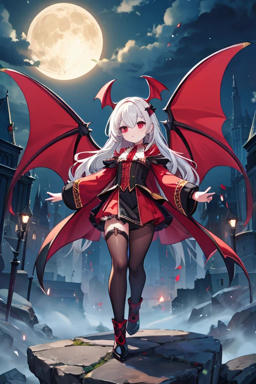 1girl, glowing eyes, wavy hair, demure ornate dress, scales, scales on face, dragon wings, medium chest, dragon horns, under the moon, slender figure, scaled humanoid, dragon eyes