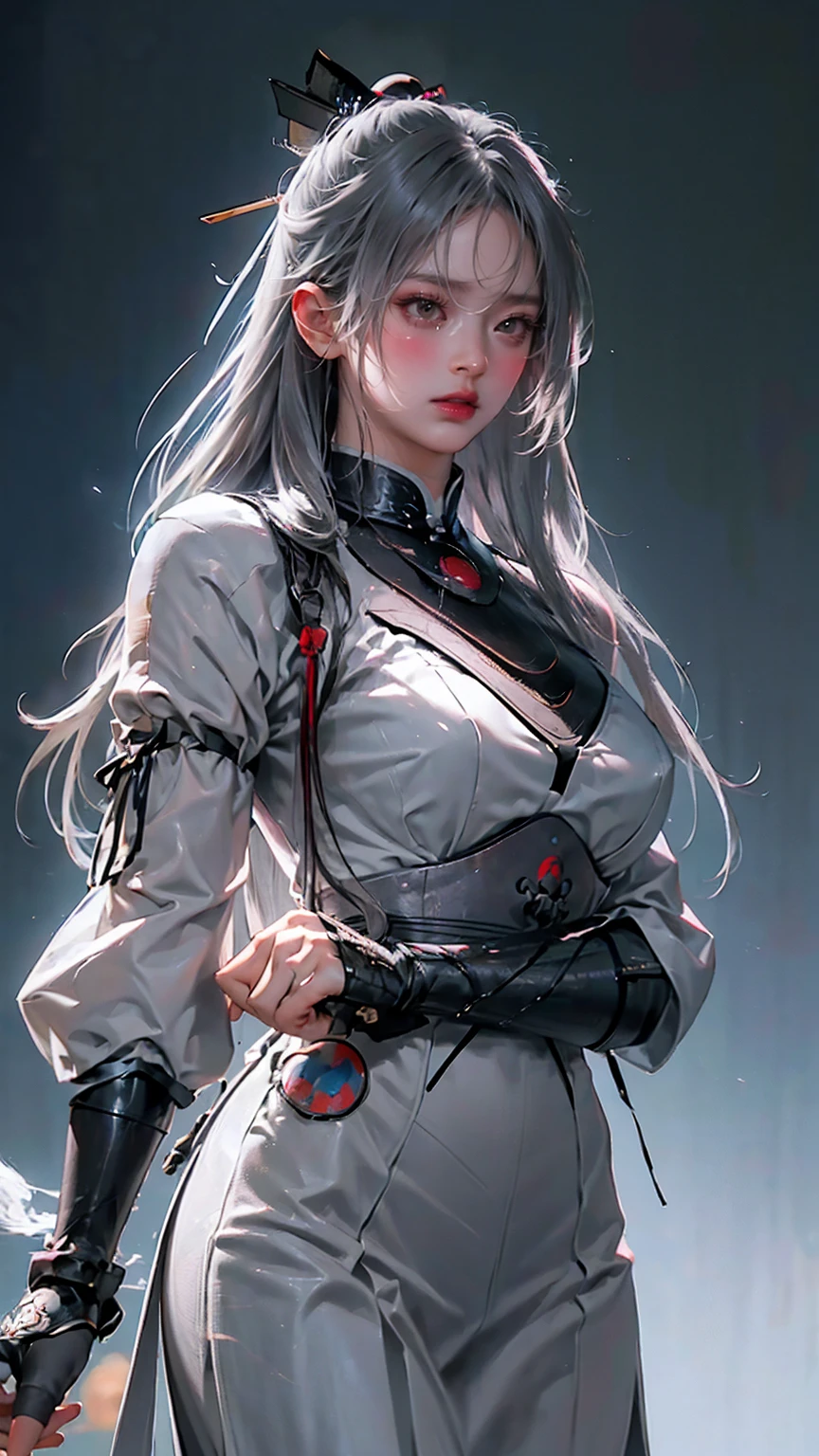 Grey Hair, whole body,Big Breasts, top quality,woman,Alone,((  Masterpiece )), (( top quality)), (  super detailed ), ((  very detailed)), 4K, (8k), top quality, 緑の目をしたwoman, Japanese tattoo sleeve on right arm ,  samurai armor  ,  wear armor ,  software  , Japanese Temples