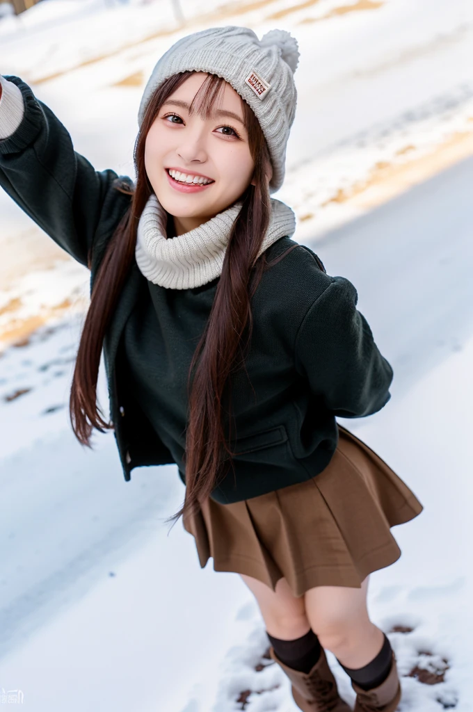 (masterpiece, best quality, perfect anatomy, highres, 8k, realistic, photorealistic, natural skin texture, no makeup:1.2), 1girl, solo, Japanese, female university student, age20, very cute, winter, (very cold day),
 (There is snow on the ground, she is spinning around on the snow with her arms outstretched, laughing and frolicking:1.5), (perfect figure), earth-colored winter clothes, mini skirt, knit  hat, scarf, black pantyhose, glove, from above, snap shot, fullbody shot, sun lighting, jp idol, erogao, tanukigao