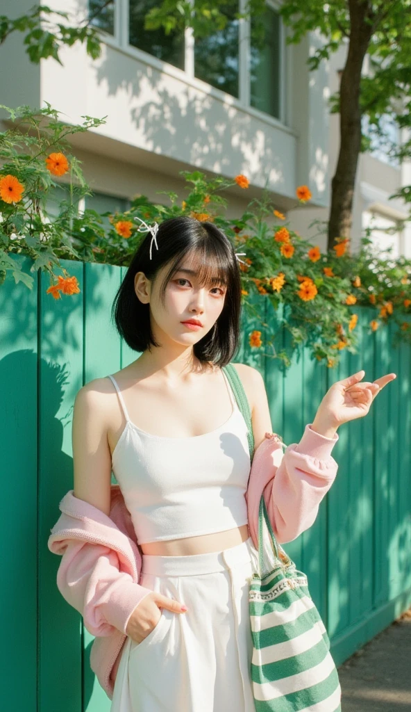 A 15-year-old girl with short black hair, white hairpins, and bangs. She wears a loose white tank top, a white skirt, and a pink baseball jacket draped over her shoulders. Standing in front of a bright green wooden fence decorated with bright orange flowers, she playfully raises her hand, palm facing outward, as if inviting someone to join her. She carries a green and white striped canvas bag, creating a casual summer atmosphere. The background is a modern building with large glass windows, reminiscent of a city. Sunlight filters through the leaves, casting small shadows on the ground, creating a warm and inviting atmosphere.