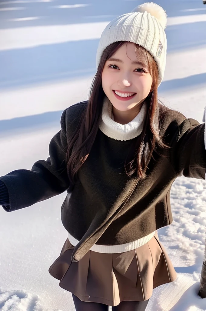 (masterpiece, best quality, perfect anatomy, highres, 8k, realistic, photorealistic, natural skin texture, no makeup:1.2), 1girl, solo, Japanese, female university student, age20, very cute, winter, (very cold day),
 (There is snow on the ground, she is spinning around on the snow with her arms outstretched, laughing and frolicking:1.5), (perfect figure), earth-colored winter clothes, mini skirt, knit  hat, scarf, black pantyhose, glove, from above, snap shot, fullbody shot, sun lighting, jp idol, erogao, tanukigao