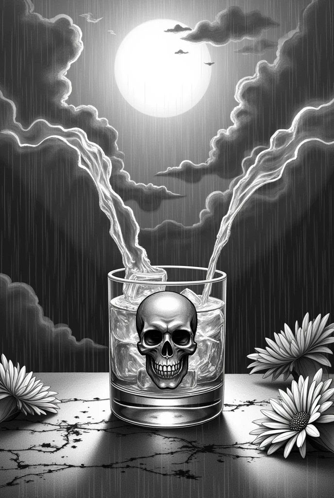 The word “Mixed Weather” should be written in the sky in German .
. a glass with a skull picture on it and ice cubes and a straw. A slice of lemon on the wheel of the glass .Rain, Sun and lightning in the sky. Bottom flower. Comic black white