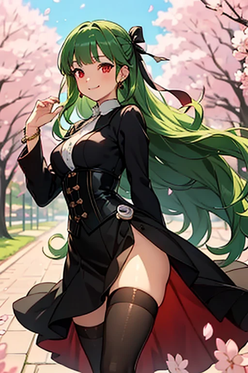 vibrant colors, mature female, masterpiece, sharp focus, best quality, depth of field, cinematic lighting, pose, green hair, very long hair, red eyes, black thighhighs, black dress, outdoors, cherry blossom, sparkle, grass, trees, smile, white corset, wavy hair, blunt bangs, jacket, pearl bracelet, stud earrings, hair ribbon,