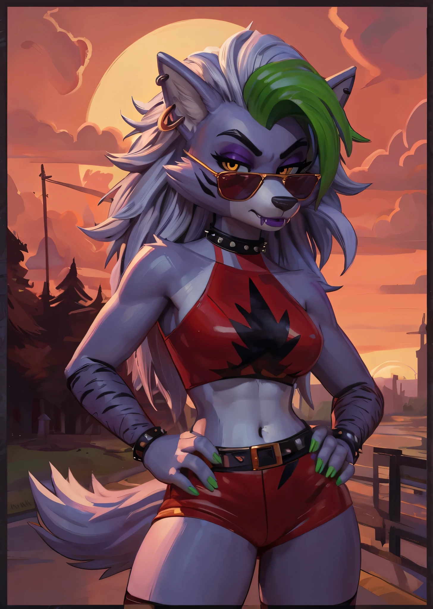 [Roxanne Wolf], [FNAF: fury's rage], [Uploaded to e621.net; (Pixelsketcher), (wamudraws)], ((masterpiece)), ((HD)), ((high resolution)), ((solo portrait)), ((waist up)), ((front view)), ((detailed fur)), ((detailed shading)), ((detailed shadows)), ((beautiful rendered art)), {(toned figure), (grey fur), (white belly), (cute yellow eyes), (black pupils), (purple eyeshadow), (half lidded eyes), (green nails), (long white messy hair), (green highlighted bang), (purple lipstick), (lush lips), (curvy hips), (beautiful legs), (annoyed), (sharp fangs)}, {(red sleeveless turtleneck crop top), (navel), (jean shorts), (black thighhighs), (fishnet sleeves), (spike choker), (sunglasses), (gold earring on right ear)}, {(standing), (hand on hip), (looking at viewer)}, [ambient lighting, road, sunset]