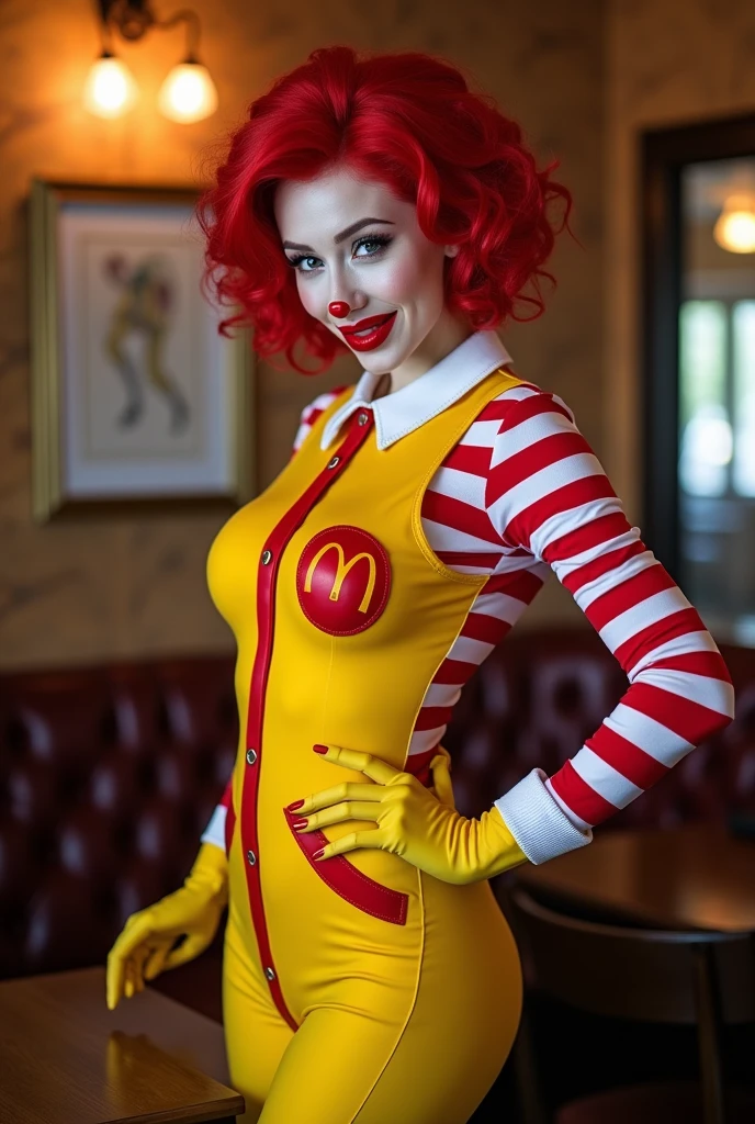 Araffe de camisa vermelha e calcinha amarela tirando uma selfie, ronald mcdonald, mais conhecido como Amouranth, Cabelo vermelho de Ronald McDonald, Amouranth, red ronald mcdonald messy hair, Madeline, Celeste, Mcdonald, Penteado vermelho Ronald McDonald, corpo inteiro com traje, thicc, Imagem de Ronald McDonald, com batatas fritas, Cosplay profissional, Cosplay, alguns vermelhos e amarelos