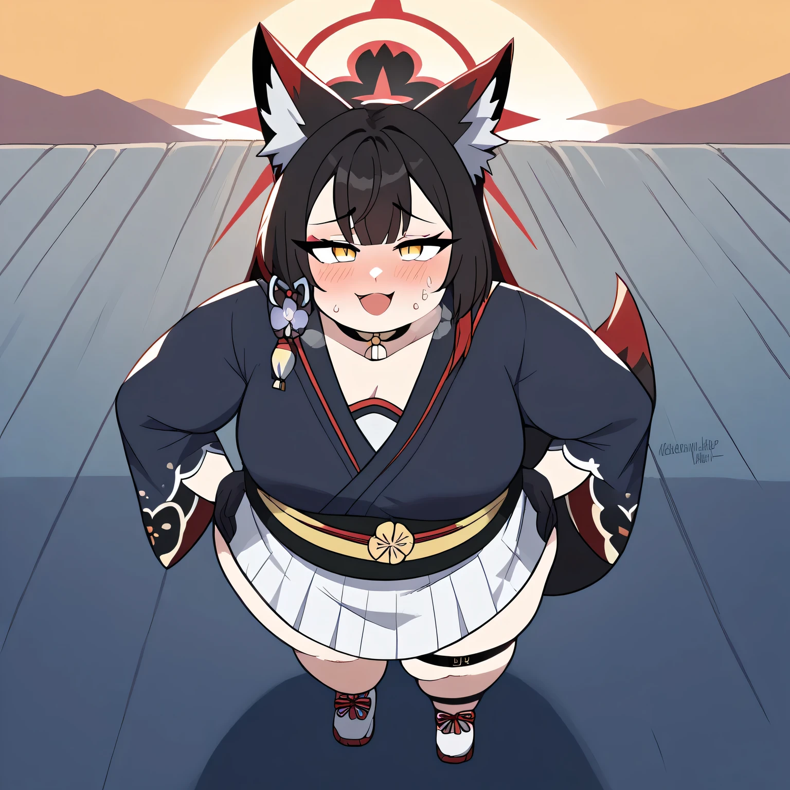 score_9, score_8_up, score_7_up, source_anime, wakamo kosaka, wakamo, wakamo (blue archive), animal ear fluff, animal ears, black hair, fox ears, fox girl, fox tail, yellow eyes, hair ornament, halo, two-tone hair, red hair,, japanese clothes, long sleeves, mask, sash, obi, choker, floral print, thigh strap, skirt, white skirt, blac kimono, black gloves, side slit, wide sleeves, suburban neighborhood, morning jog, earphones, running shoes, fresh air, sunrise, , smug, hands on hips,, looking at viewer, solo,, dutch angle, cowboy shot swollen face, fat, chubby, obese, open mouth, out of breath, absurdres, highres icon, rating:General, confused, blush, {flustered}, nervous sweating, portrait, pov hands, hand on another's cheek, averting eyes, [looking away], straight-on, from above,  upper body, masterpiece, best quality, ultra-detailed, high resolution, 8K, 